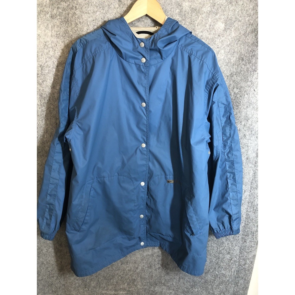 Vintage Nike Coat Womens Medium Blue Nylon Windbreaker Raincoat Hood Classic